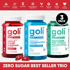 Zero Sugar Best Seller Trio - World's First 3-in-1 Pre, Post, Probiotic, Apple Cider Vinegar with Vitamin B12 and Probiotics To Address Bloating, Ashwagandha & L-Theanine, Vitamin D gummies. Gluten-Free, Vegan, Non-GMO & Gelatin-Free