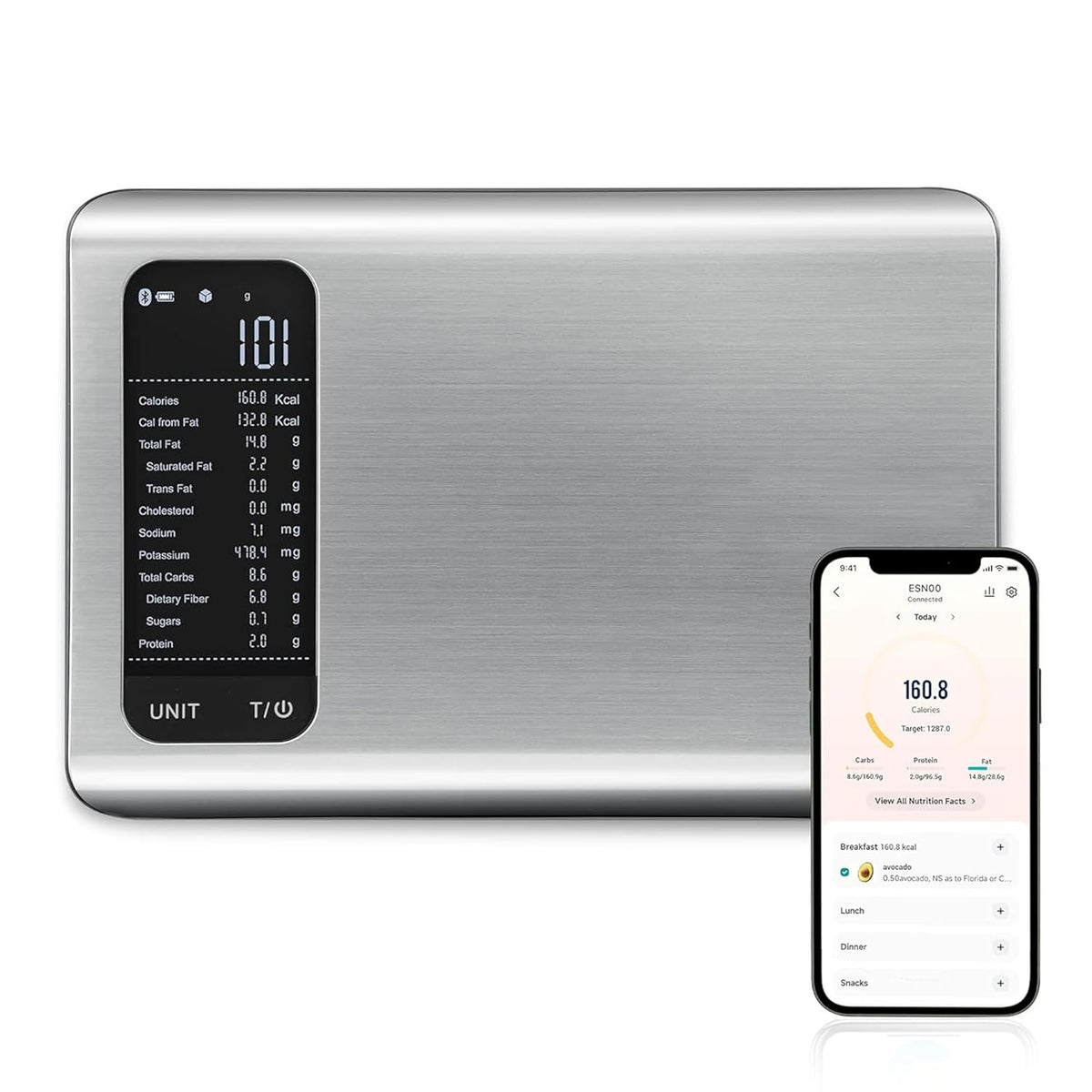 Smart Food Kitchen Scale with Nutritional Calculator | Free App with 19 Nutrients Tracking, Calorie, Marco, Digital grams and ounces for weight loss, Premium Stainless Steel
