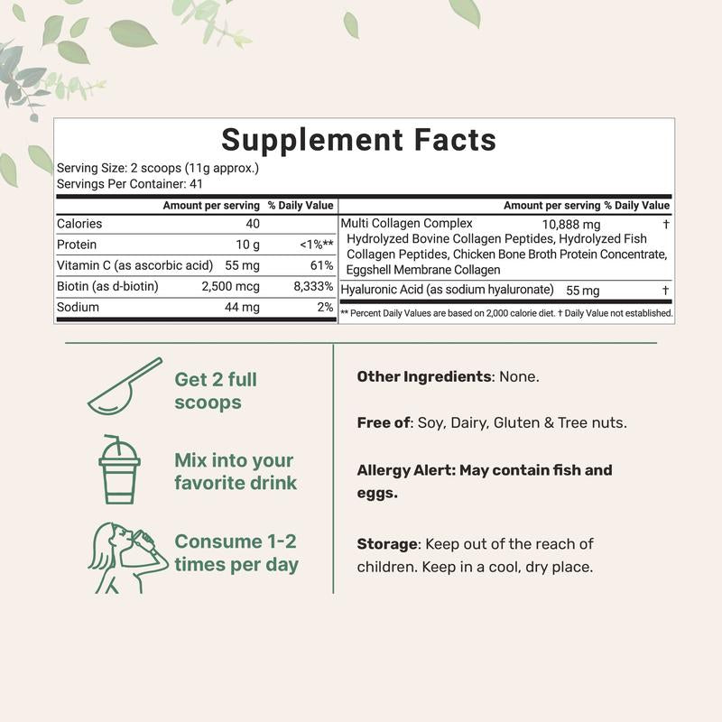 Ingredients Multi Collagen Peptides Powder - Hydrolyzed Protein Peptides (Type I,II,III,V,X) with Hyaluronic Acid, Biotin & Vitamin C Unflavored