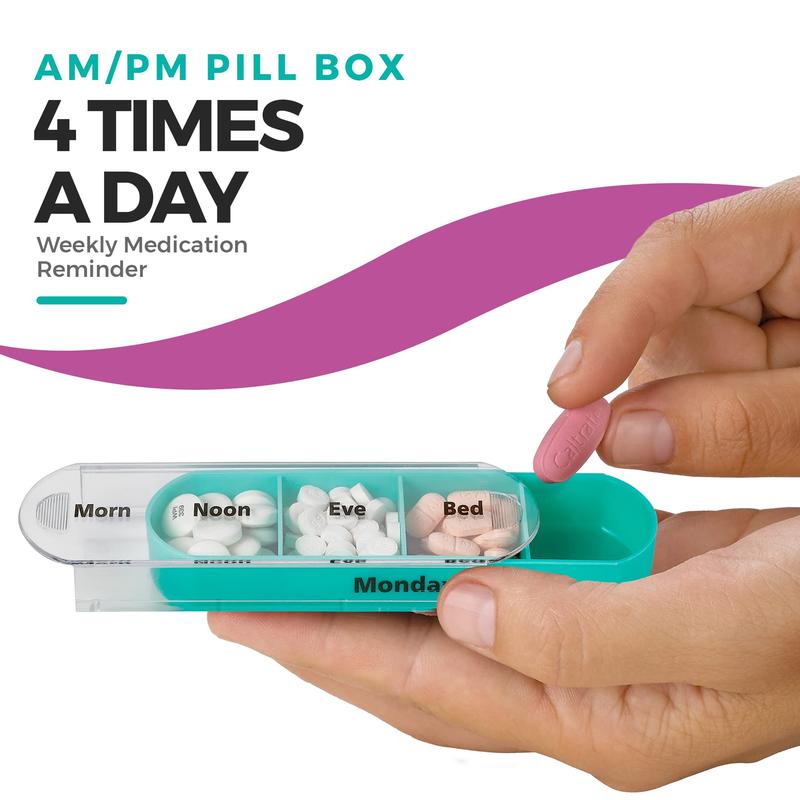 Weekly Pill Organizer, 1 Dispenser, 7 Stackable Compartments Four Times-a-Day - Morning, Noon, Evening, and Bedtime, Black