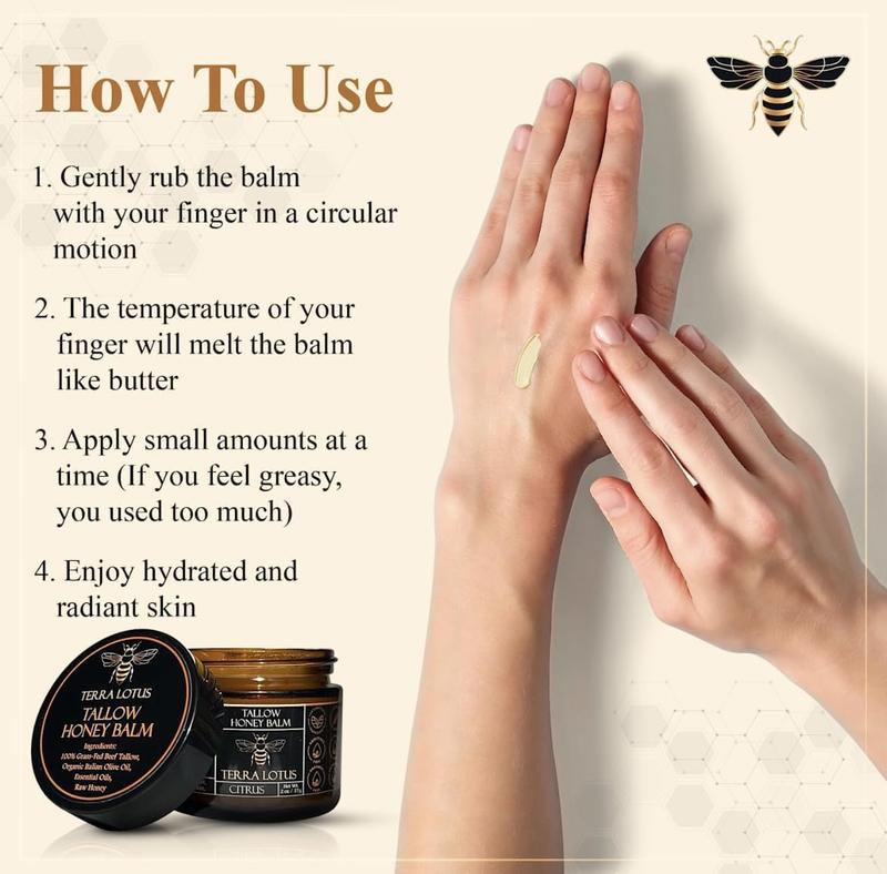Organic Grass - Fed Beef Tallow Balm with Raw Honey - Handmade All-Natural Moisturizer for Soft, Smooth, Radiant Skin