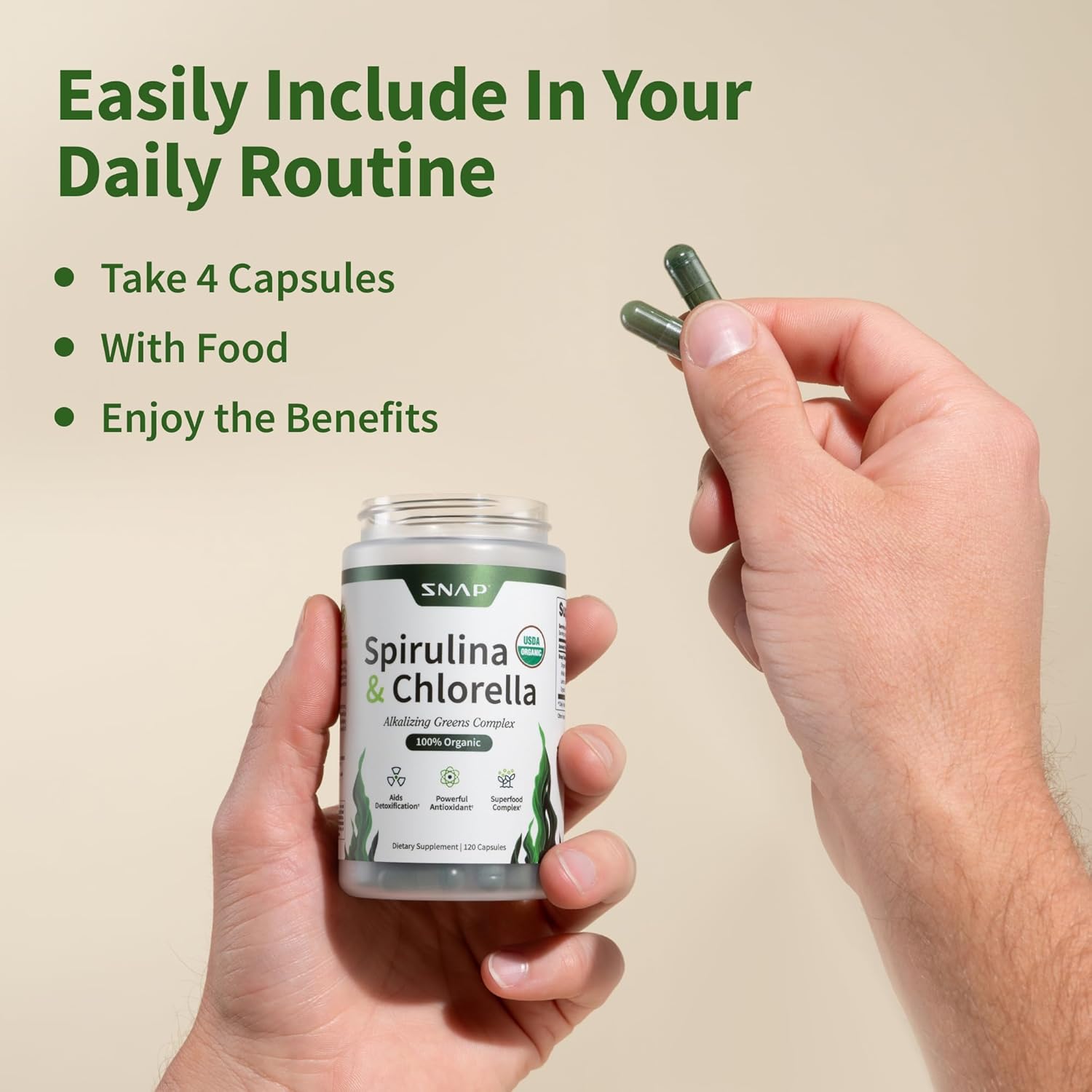 Supplements Organic Spirulina and Chlorella Capsules | Chlorophyll and Protein Rich Blue Green Algae Superfood Supplement for Energy and Immune Support, Vegan, Non GMO, Greens Blend, 120 Capsules