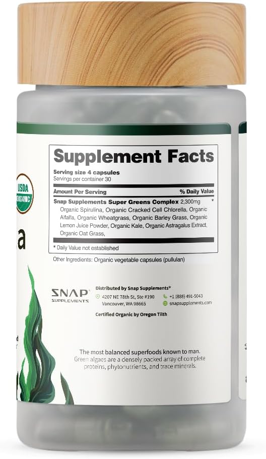 Supplements Organic Spirulina and Chlorella Capsules | Chlorophyll and Protein Rich Blue Green Algae Superfood Supplement for Energy and Immune Support, Vegan, Non GMO, Greens Blend, 120 Capsules