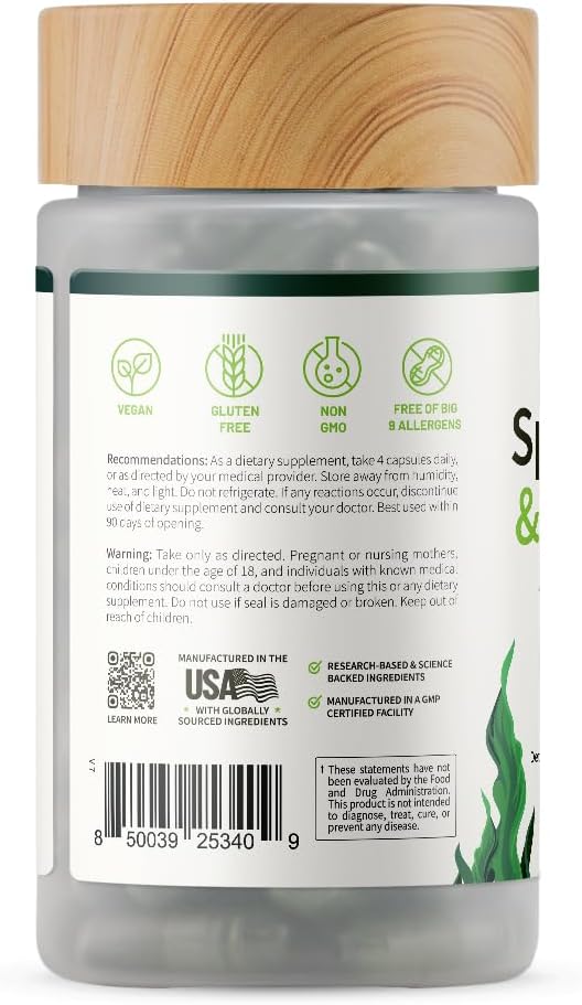 Supplements Organic Spirulina and Chlorella Capsules | Chlorophyll and Protein Rich Blue Green Algae Superfood Supplement for Energy and Immune Support, Vegan, Non GMO, Greens Blend, 120 Capsules